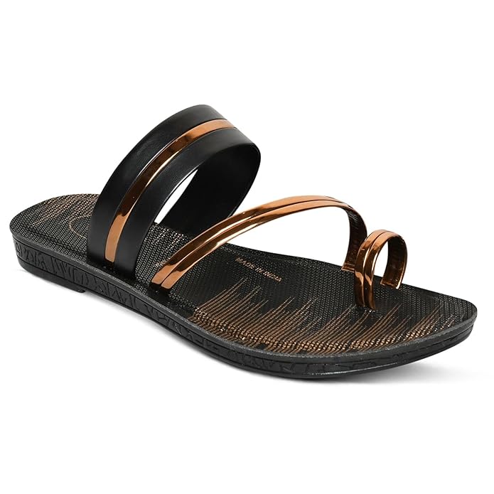 Looper Women Classic Black Flat Sandals with Silver Toe Ring Strap